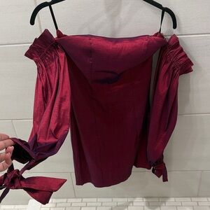 Off-Shoulder Tie-Sleeve Satin Dress in Burgundy